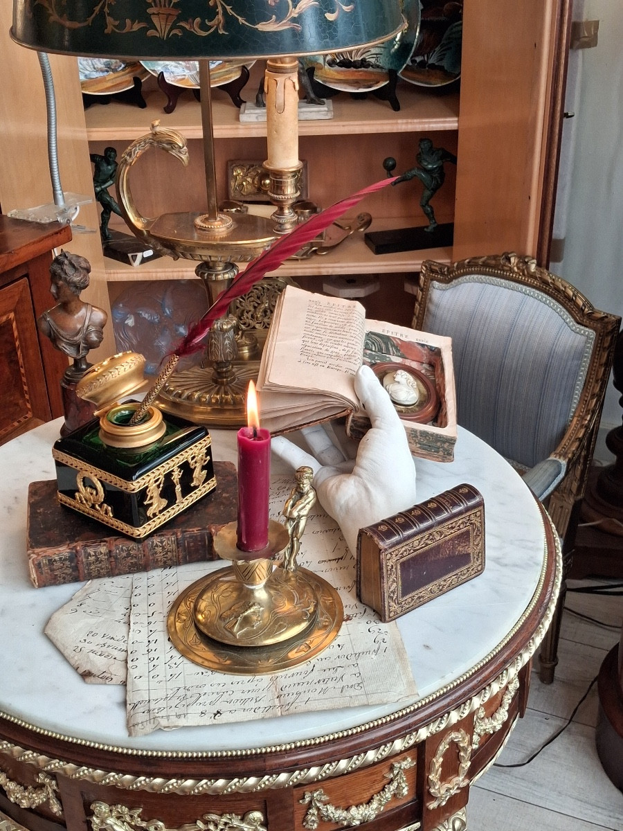 Encrier complet , en cristal vert , avec une monture en bronze doré  XIX ème -photo-8