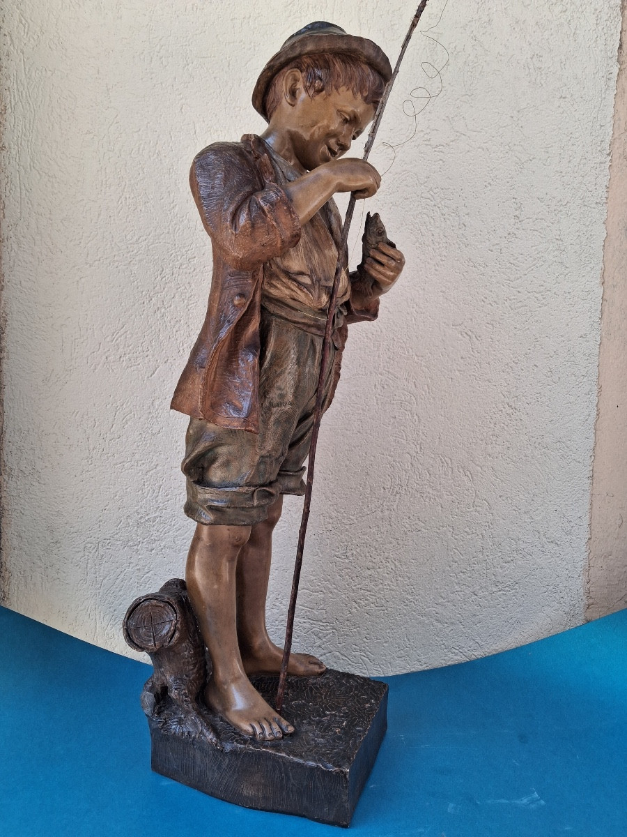 Terracotta By Friedrich Goldscheider (1845-1897): The Young Fisherman (height 74 Cm)-photo-2
