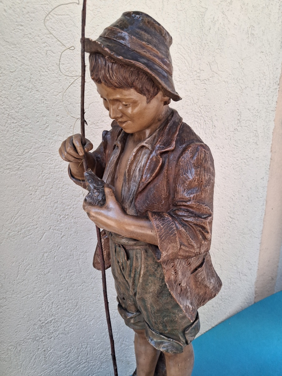 Terracotta By Friedrich Goldscheider (1845-1897): The Young Fisherman (height 74 Cm)-photo-3