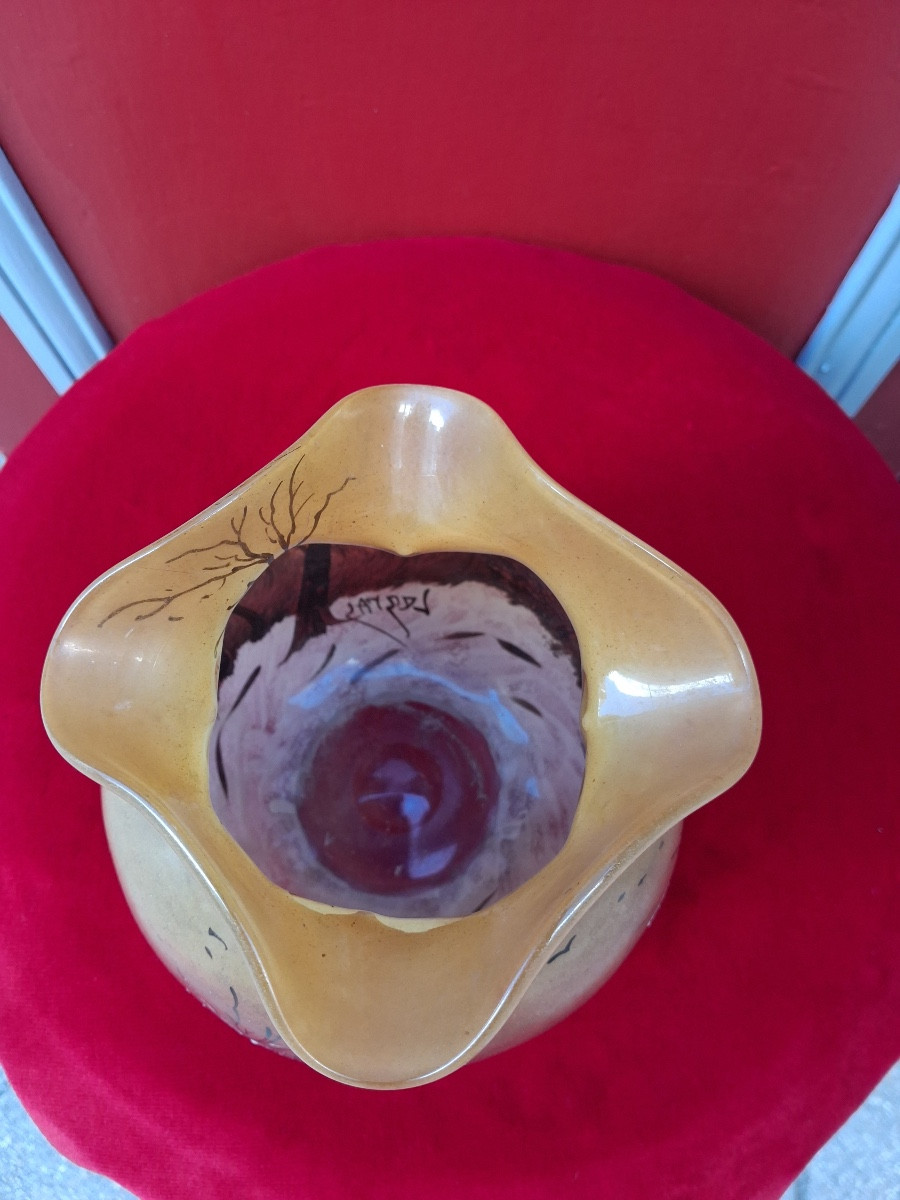 Théodore Legras , vase boule quadrilobé  au paysage enneigé , signé  ,  HT 15 cm largeur 14 cm-photo-3