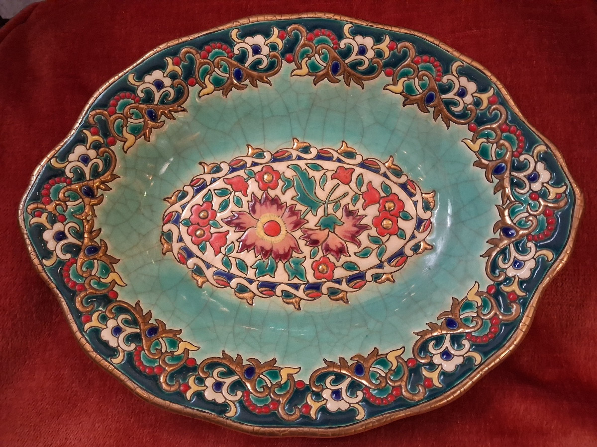 Oval, Deep Bowl In Longwy Enamels, "watteau" Decoration By Mp Chevallier 