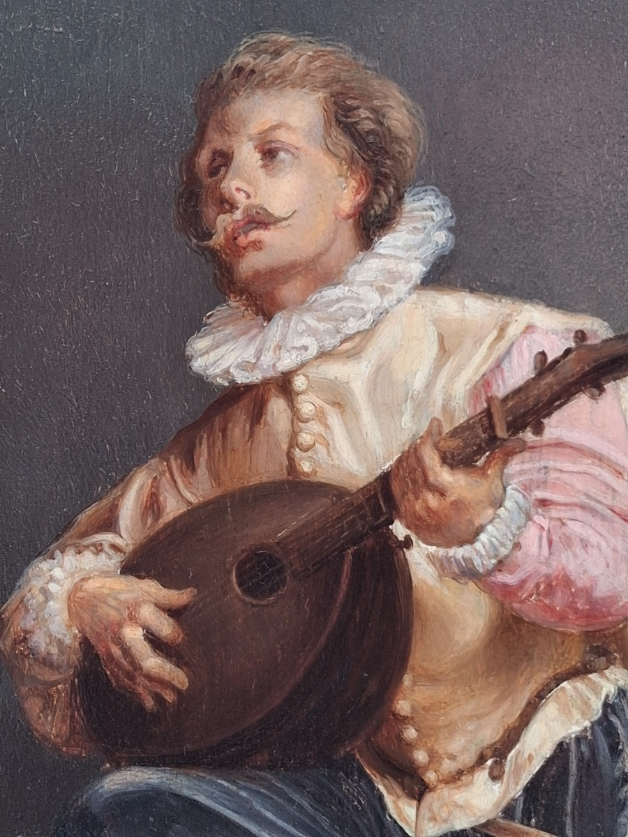 J. Legrand " joueur de luth " huile sur panneau , signée , milieu du XIX ème -photo-2