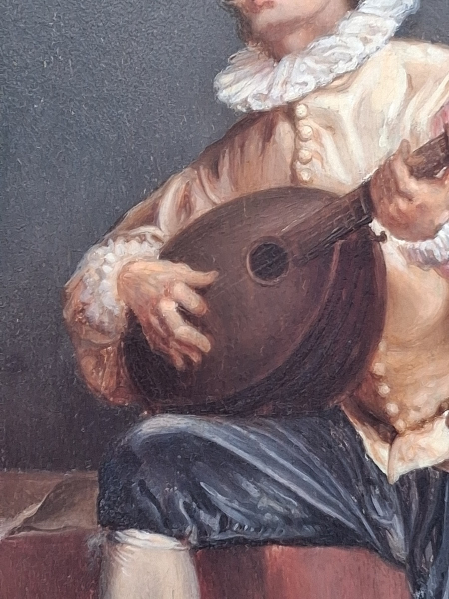 J. Legrand " joueur de luth " huile sur panneau , signée , milieu du XIX ème -photo-4