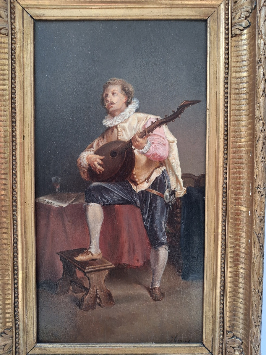 J. Legrand " joueur de luth " huile sur panneau , signée , milieu du XIX ème -photo-2