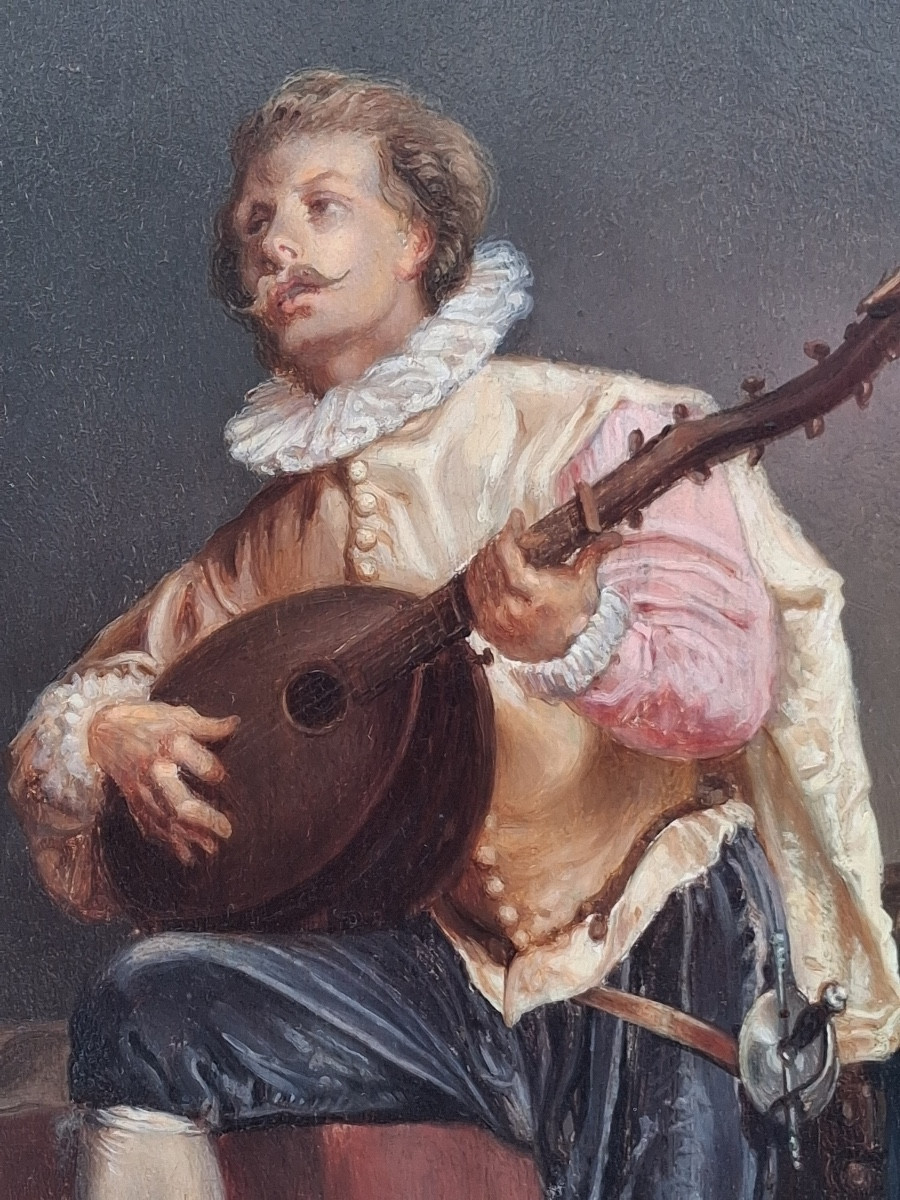 J. Legrand " joueur de luth " huile sur panneau , signée , milieu du XIX ème -photo-3