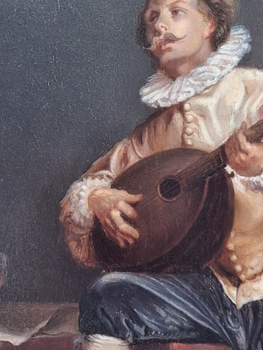 J. Legrand " joueur de luth " huile sur panneau , signée , milieu du XIX ème -photo-5