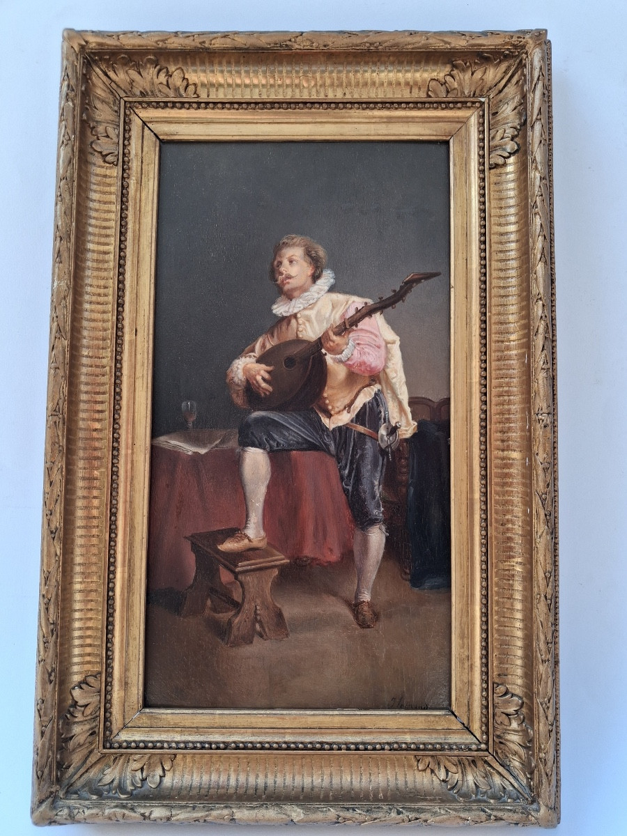J. Legrand " joueur de luth " huile sur panneau , signée , milieu du XIX ème 