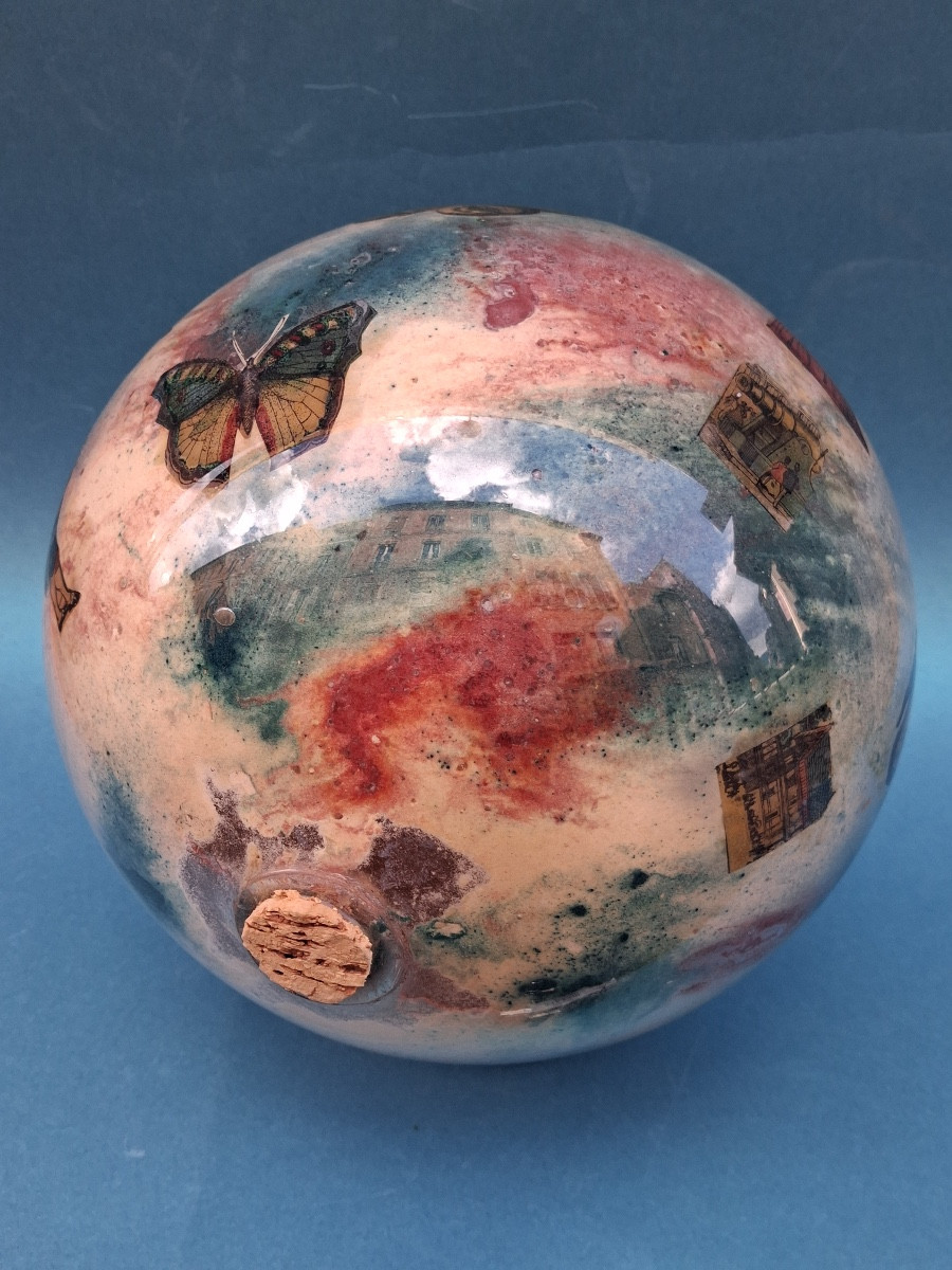 Porte perruque , boule en verre soufflé , potichomanie , ( circonférence 72 cm) milieu XIX ème -photo-2