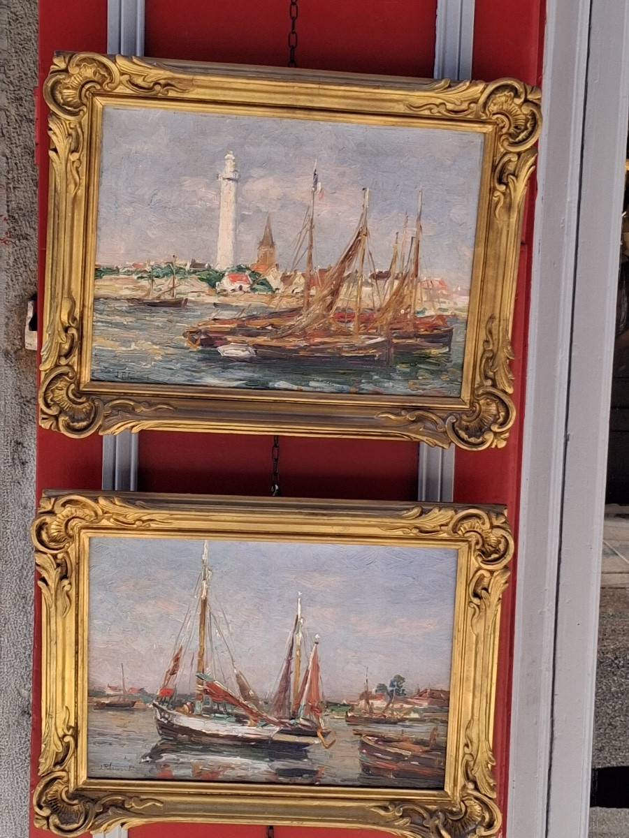 Pair Of Marine Paintings, Harbour Landscape, Signed Jules Ribeaucourt ( 1866- 1932 )-photo-1
