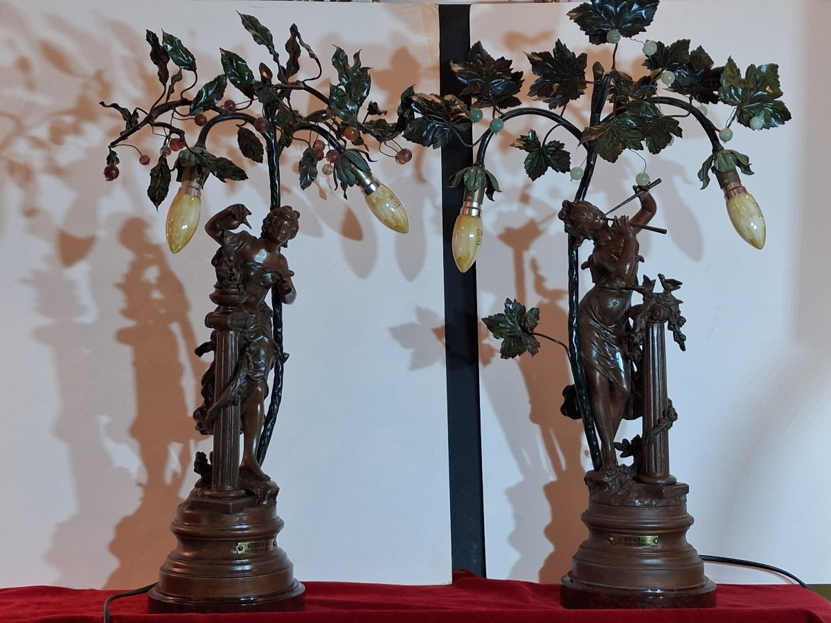 Deux lampes d'époque Art Nouveau en régule signées d'Auguste Moreau ( 1834- 1917 )-photo-7