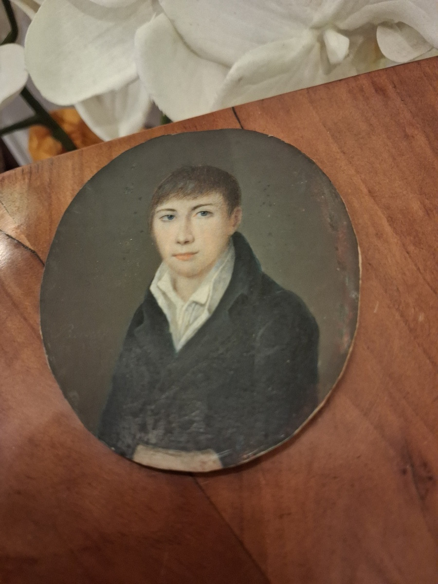 Miniature On Ivory, Portrait Of A Young Man, Gilt Bronze Frame, Early 19th Century-photo-4