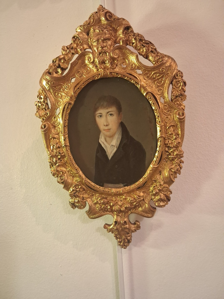 Miniature On Ivory, Portrait Of A Young Man, Gilt Bronze Frame, Early 19th Century-photo-7