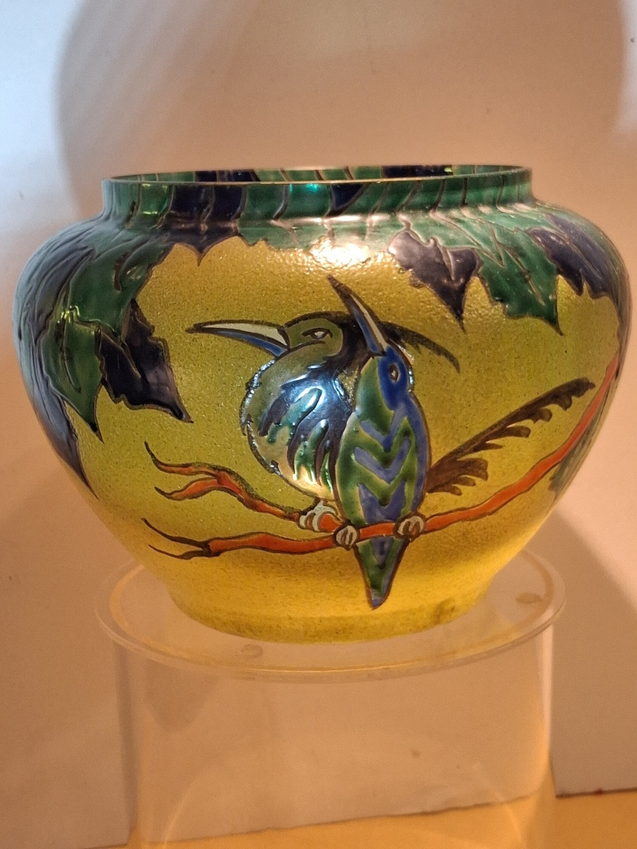 Vase de Leune , signé ,verrerie émaillée  polychrome , à décor d'oiseaux d'époque Art Nouveau-photo-2