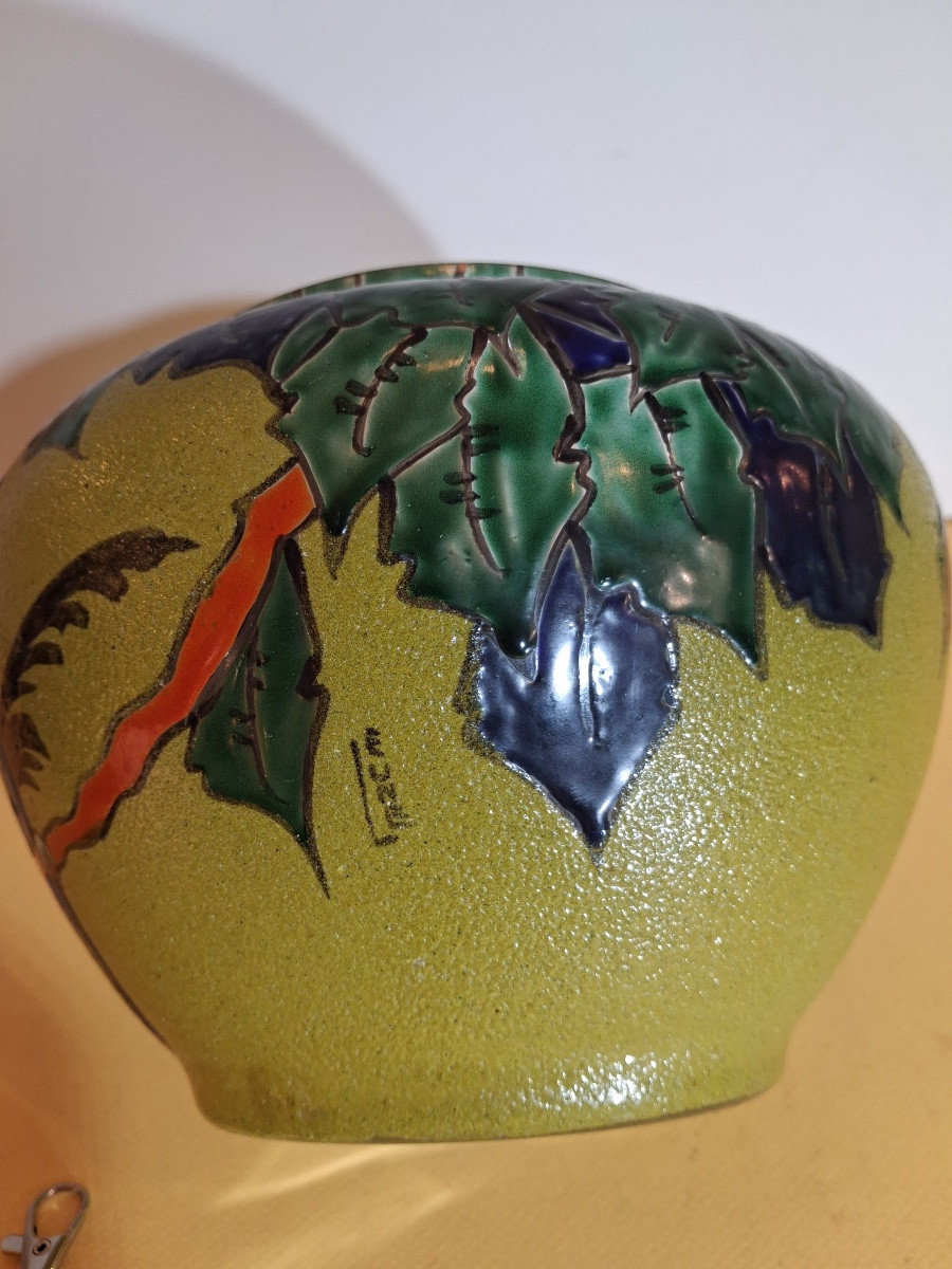 Vase de Leune , signé ,verrerie émaillée  polychrome , à décor d'oiseaux d'époque Art Nouveau-photo-3