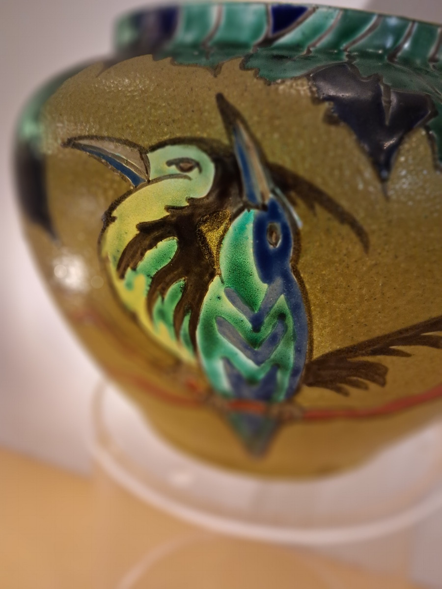 Vase de Leune , signé ,verrerie émaillée  polychrome , à décor d'oiseaux d'époque Art Nouveau-photo-4