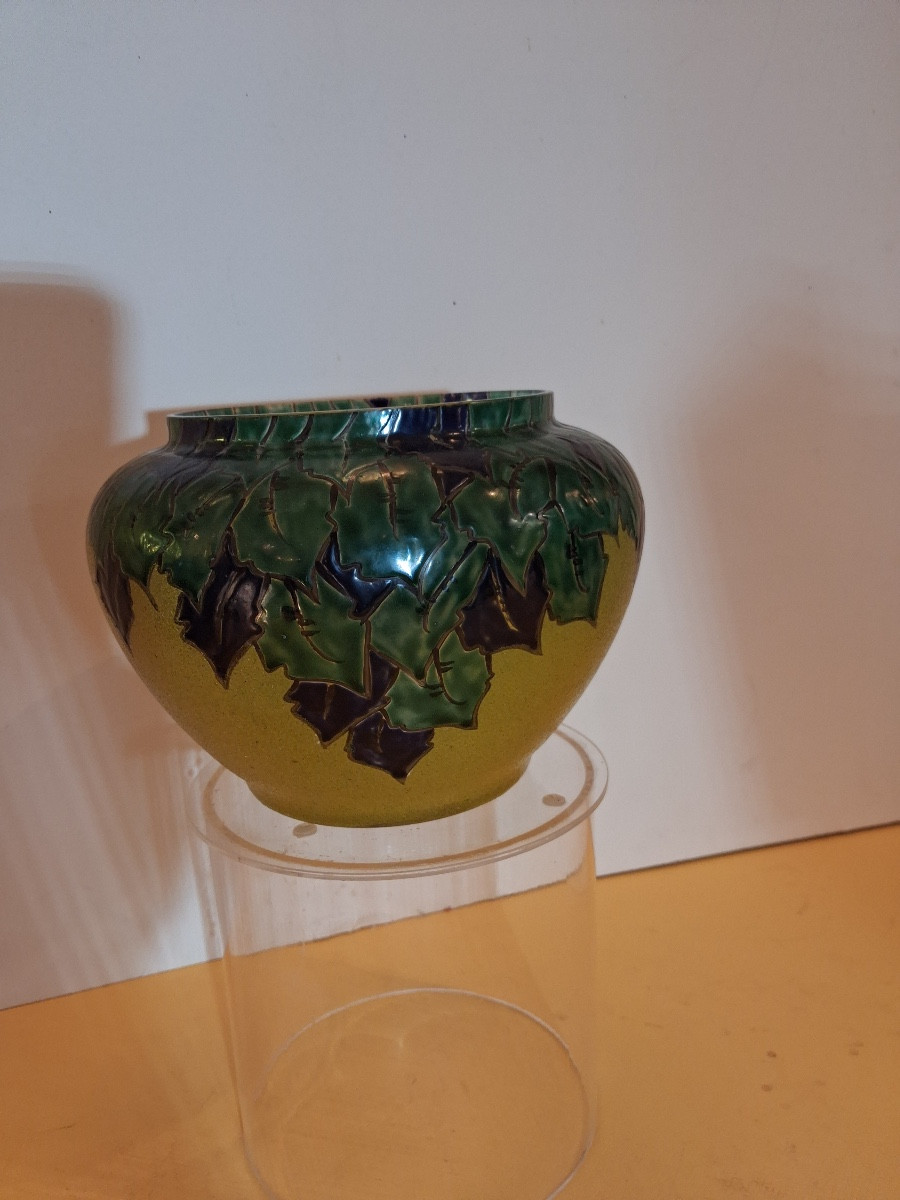 Vase de Leune , signé ,verrerie émaillée  polychrome , à décor d'oiseaux d'époque Art Nouveau-photo-1