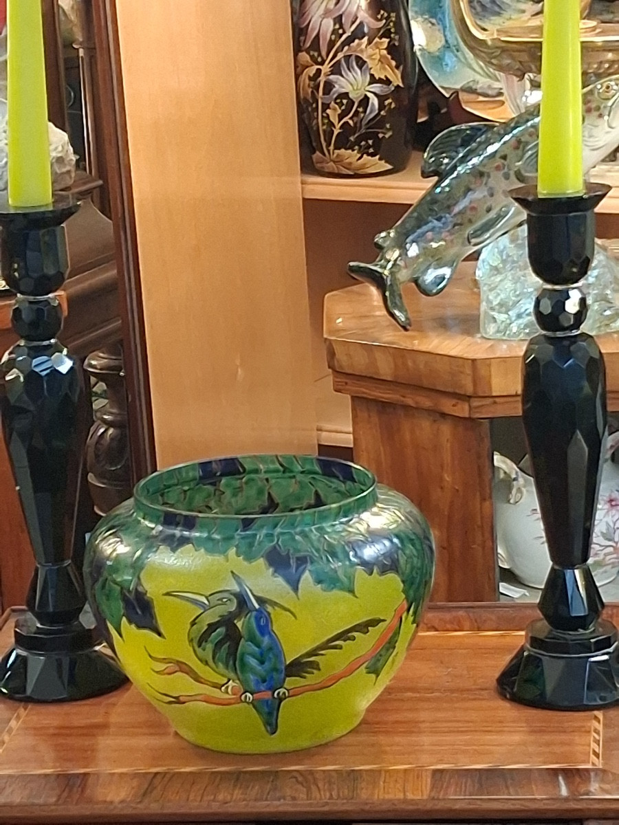 Vase de Leune , signé ,verrerie émaillée  polychrome , à décor d'oiseaux d'époque Art Nouveau-photo-3
