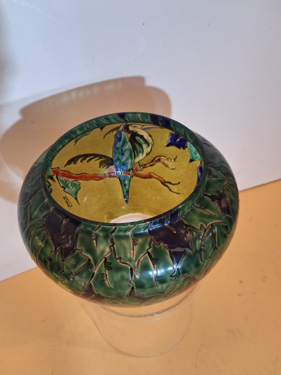 Vase de Leune , signé ,verrerie émaillée  polychrome , à décor d'oiseaux d'époque Art Nouveau-photo-4