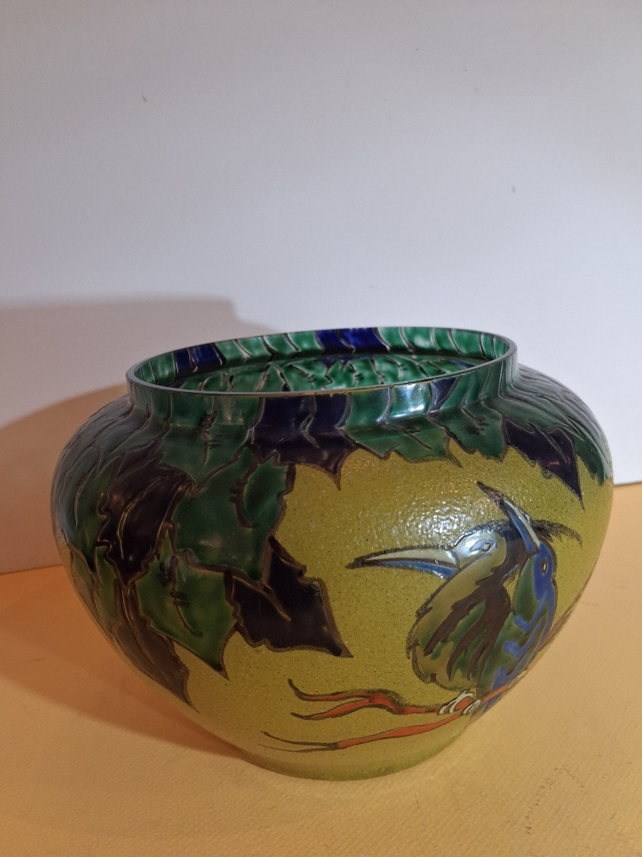 Vase de Leune , signé ,verrerie émaillée  polychrome , à décor d'oiseaux d'époque Art Nouveau-photo-6