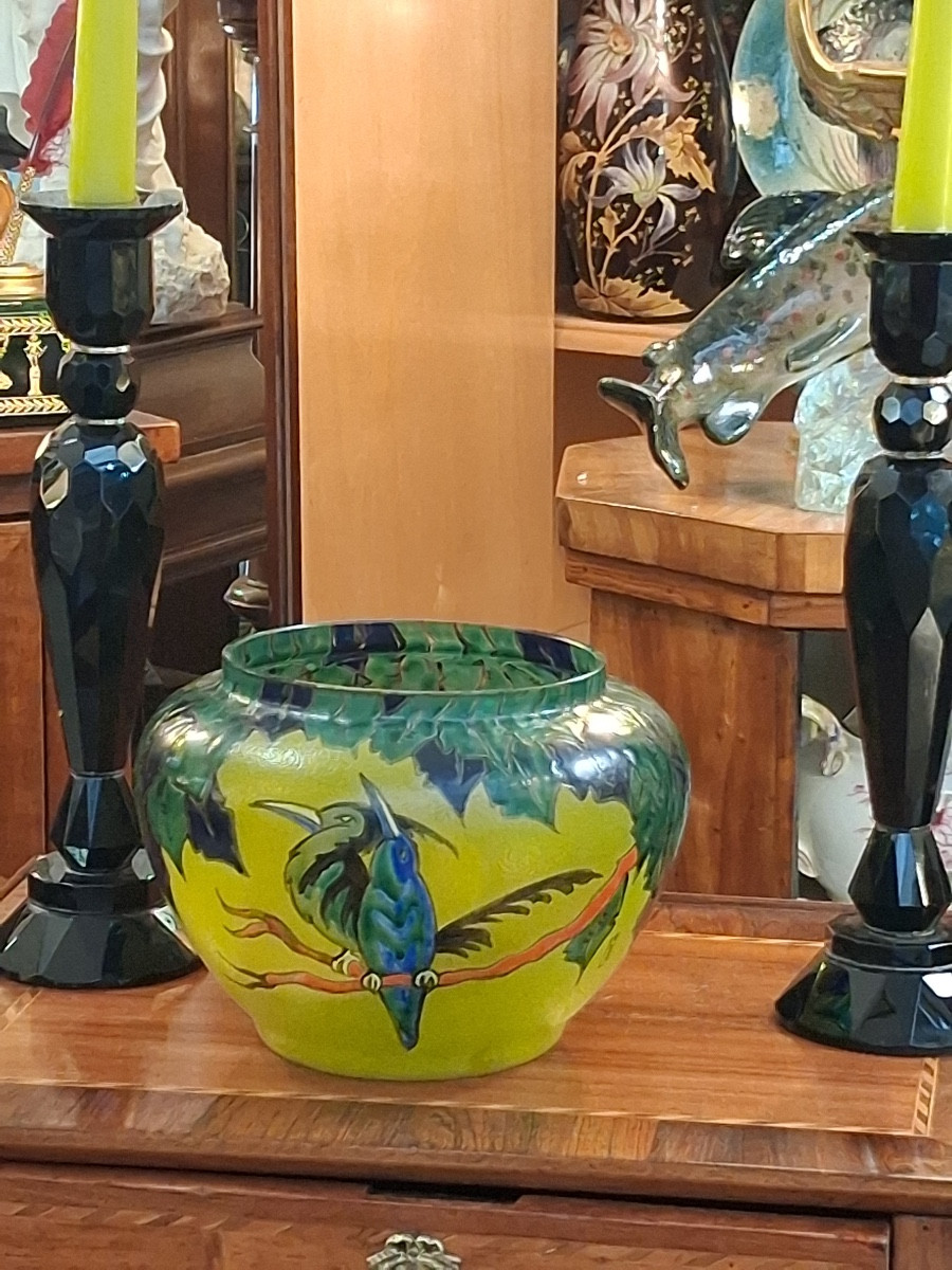Vase de Leune , signé ,verrerie émaillée  polychrome , à décor d'oiseaux d'époque Art Nouveau-photo-7