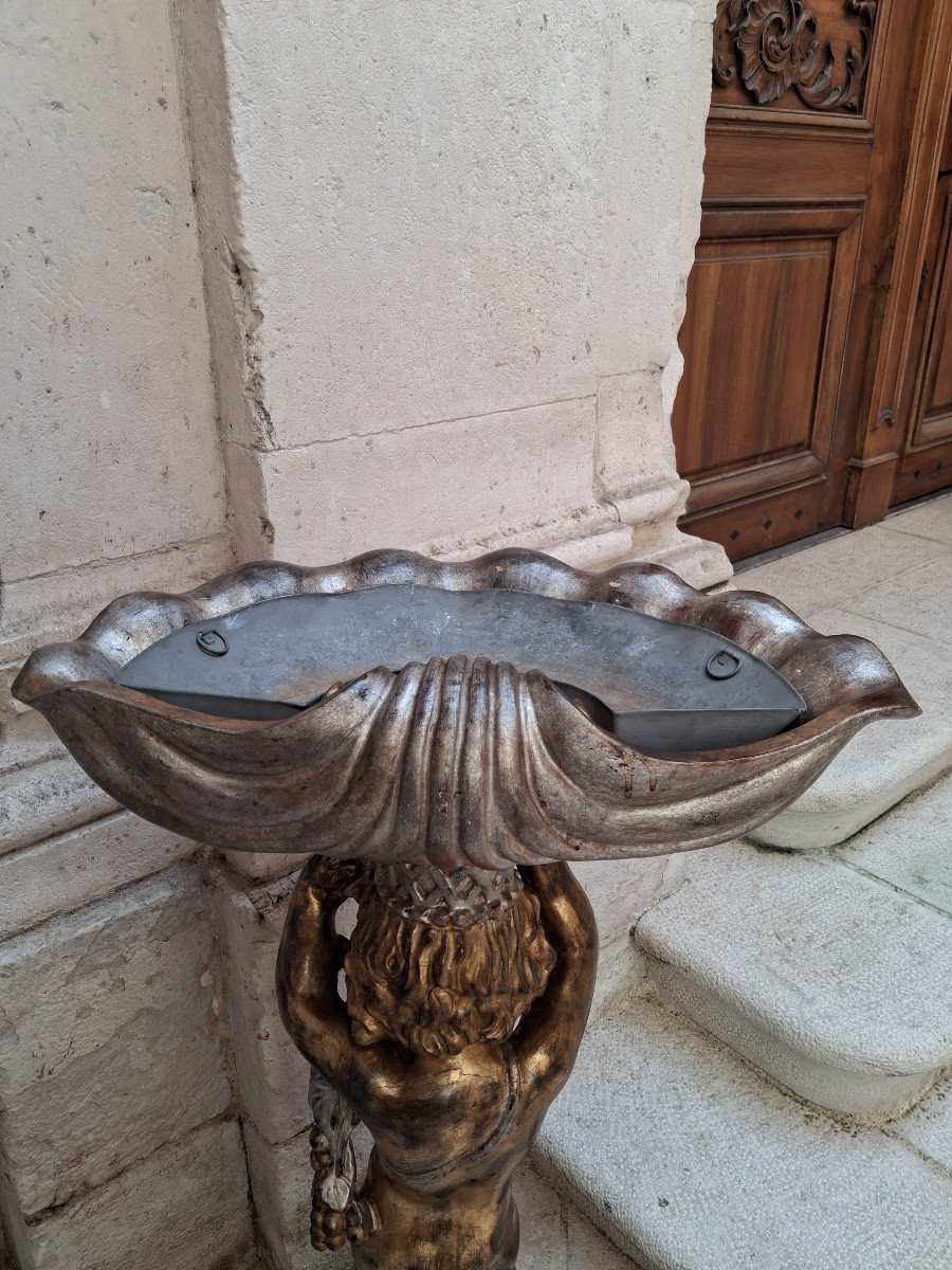 Grande jardinière d'un chérubin en bois sculpté polychrome avec son bac en zinc d'origine -photo-2