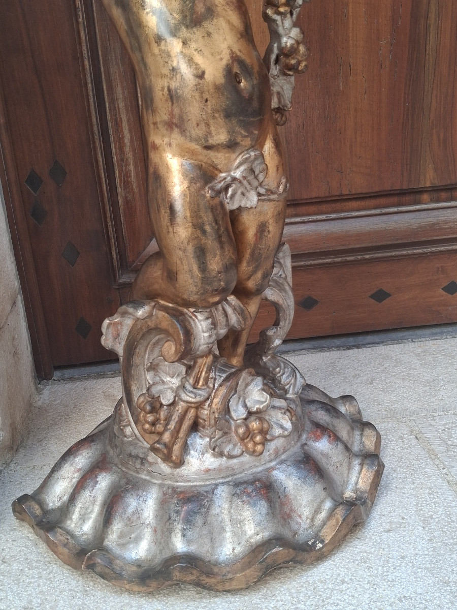 Grande jardinière d'un chérubin en bois sculpté polychrome avec son bac en zinc d'origine -photo-4