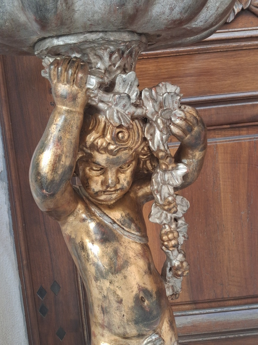 Grande jardinière d'un chérubin en bois sculpté polychrome avec son bac en zinc d'origine -photo-5