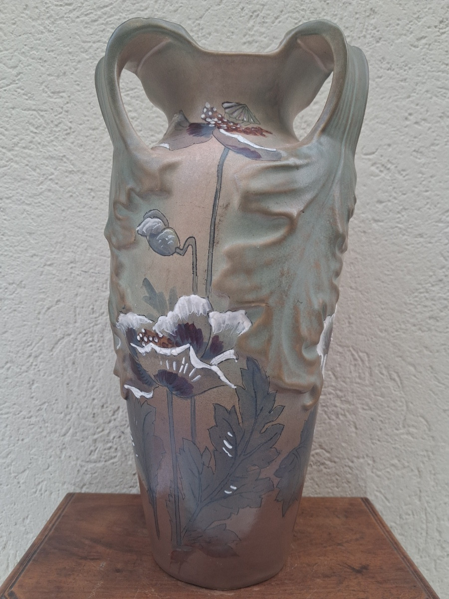 Vase en faïence émaillée à trois anses en forme de feuillage , décor fleurs, époque Art Nouveau-photo-4