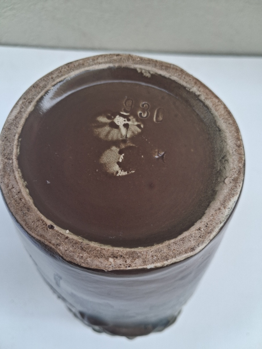 Vase en faïence émaillée à trois anses en forme de feuillage , décor fleurs, époque Art Nouveau-photo-4