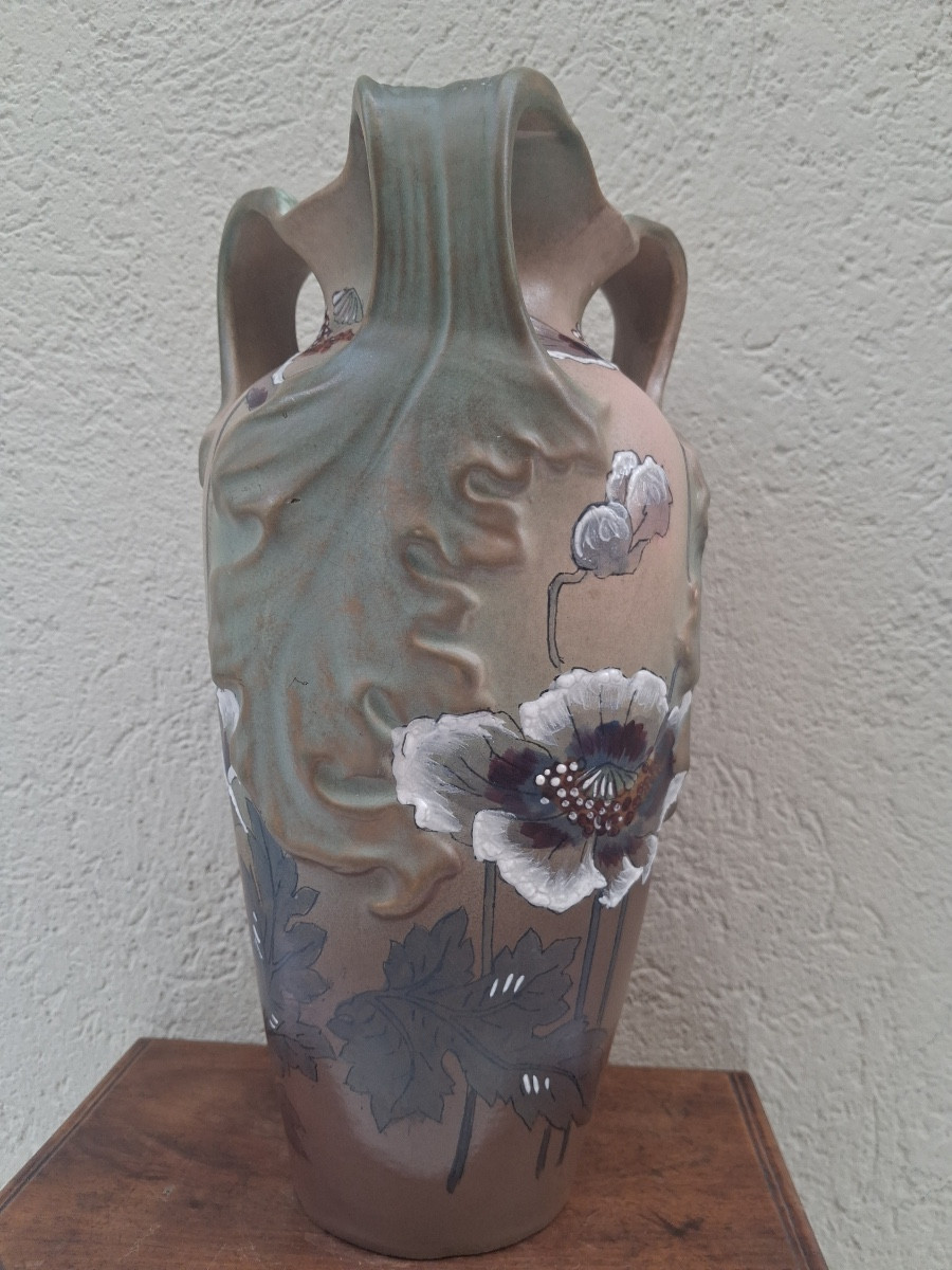 Vase en faïence émaillée à trois anses en forme de feuillage , décor fleurs, époque Art Nouveau-photo-6