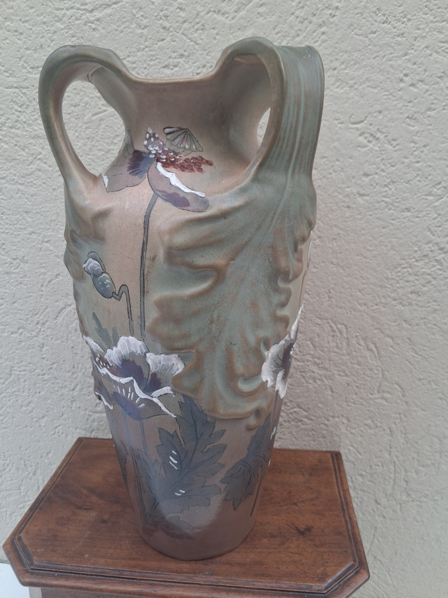 Vase en faïence émaillée à trois anses en forme de feuillage , décor fleurs, époque Art Nouveau-photo-7