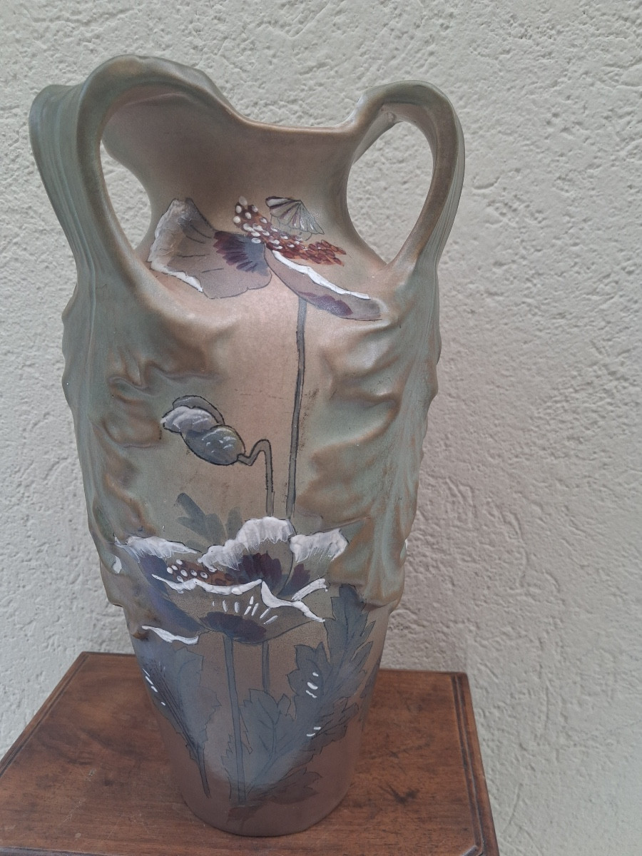 Vase en faïence émaillée à trois anses en forme de feuillage , décor fleurs, époque Art Nouveau-photo-8