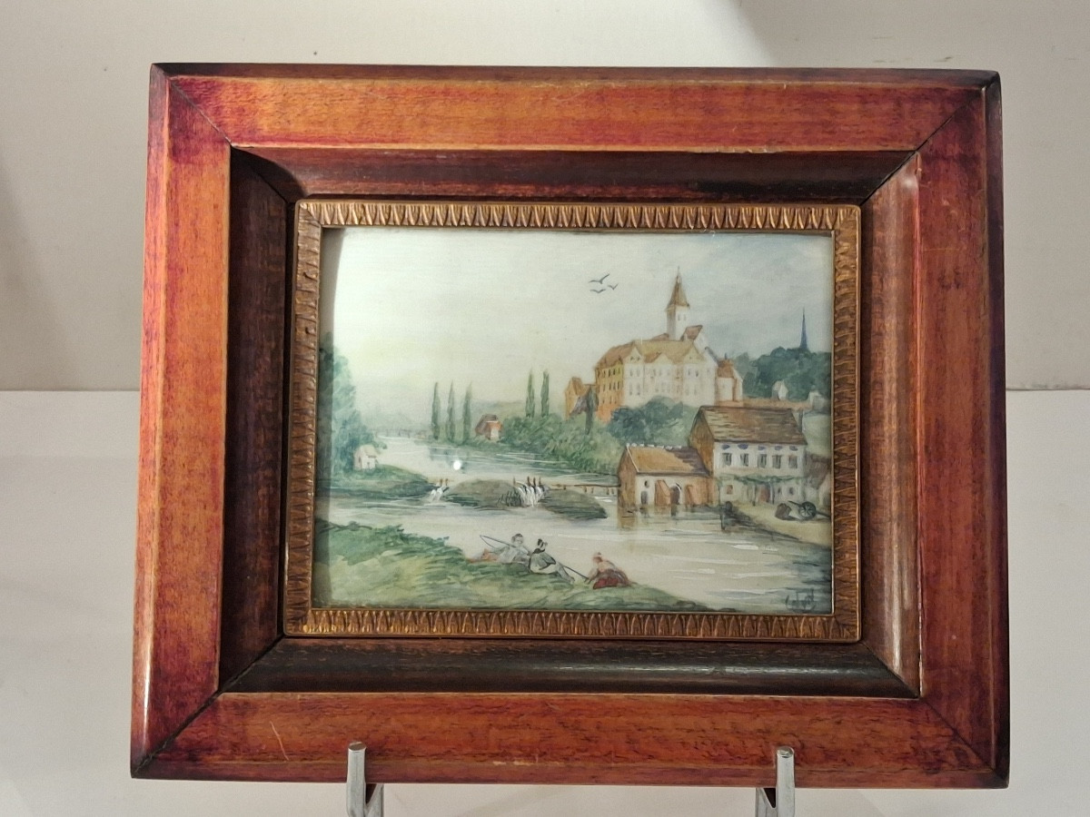Paire de miniatures peintes sur ivoire , encadrement laiton et bois , époque XXème -photo-2