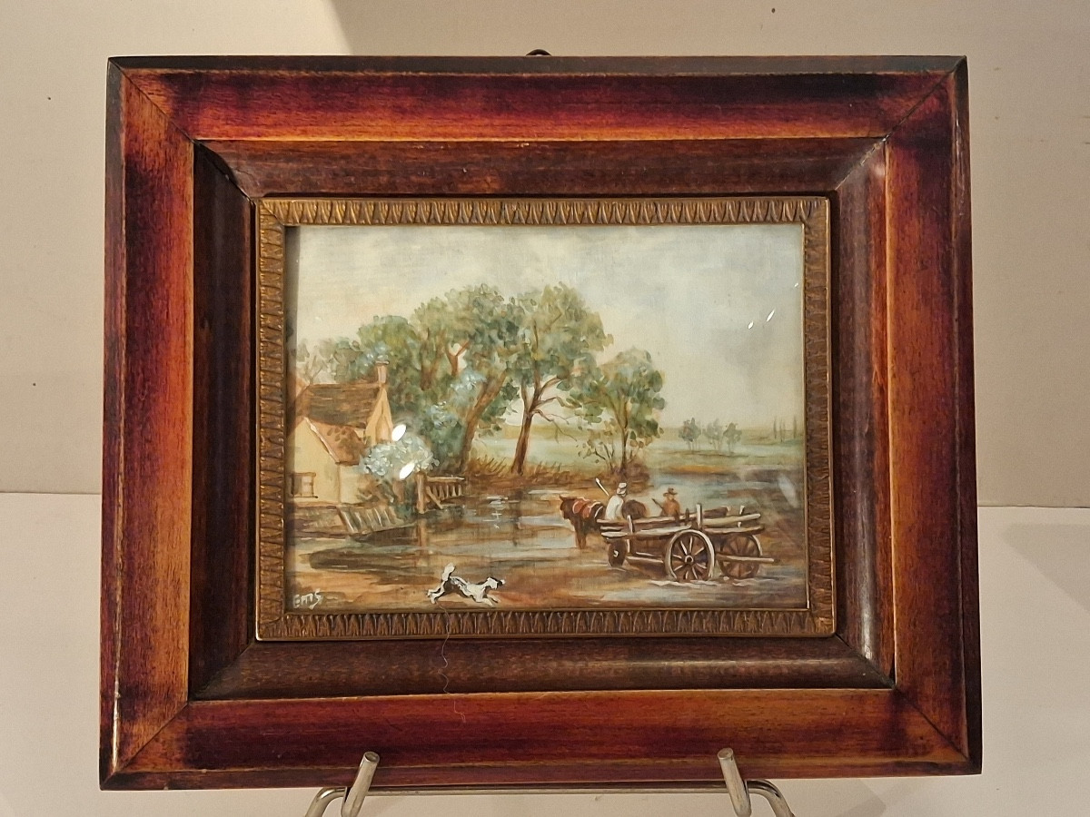 Paire de miniatures peintes sur ivoire , encadrement laiton et bois , époque XXème -photo-3