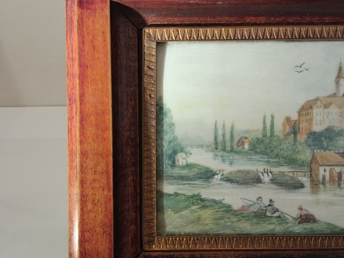 Paire de miniatures peintes sur ivoire , encadrement laiton et bois , époque XXème -photo-2