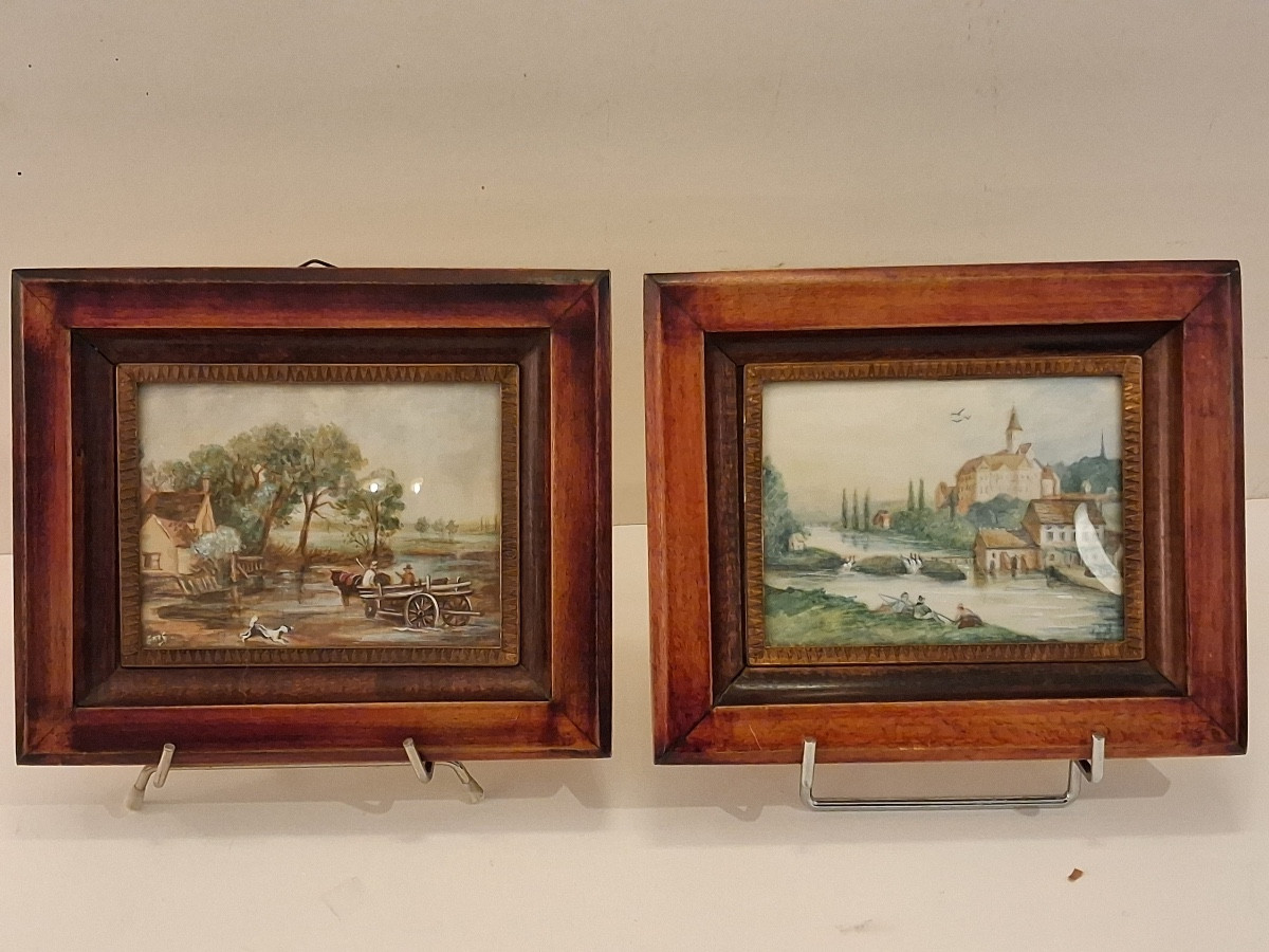 Paire de miniatures peintes sur ivoire , encadrement laiton et bois , époque XXème -photo-7