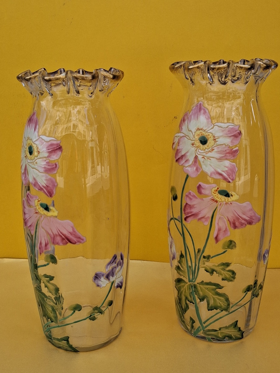 Paire de vases émaillés à cols polylobés et dorés Art Nouveau production Théodore .Legras -photo-2