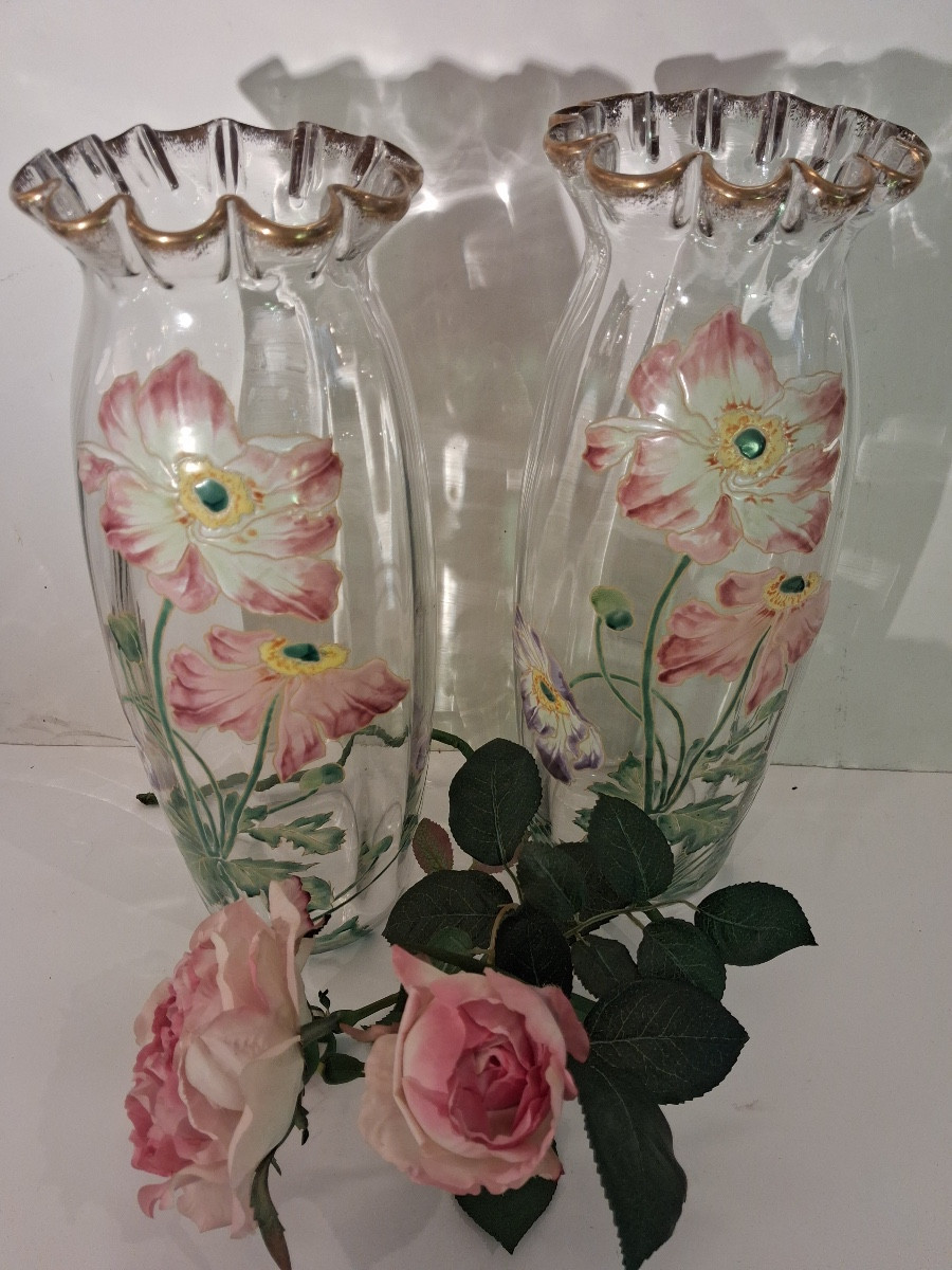 Paire de vases émaillés à cols polylobés et dorés Art Nouveau production Théodore .Legras -photo-2