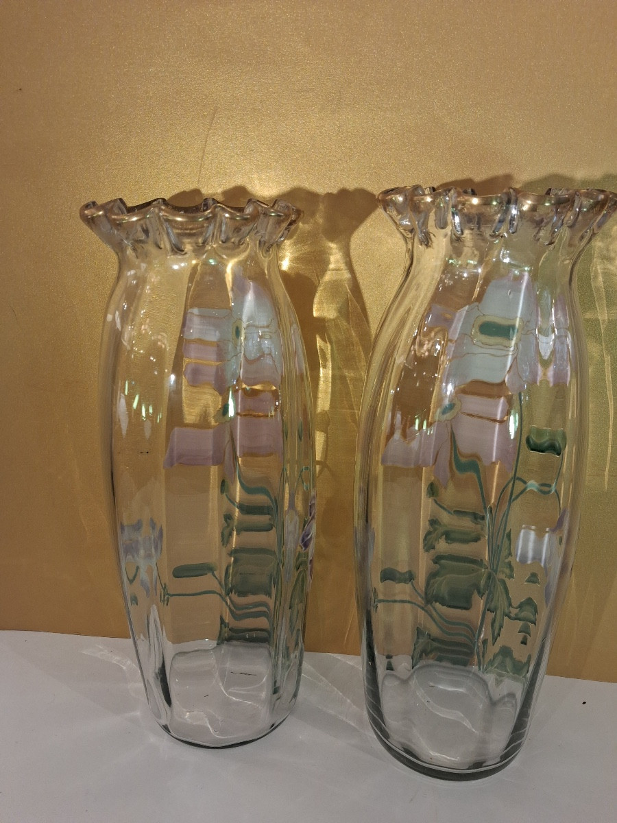 Paire de vases émaillés à cols polylobés et dorés Art Nouveau production Théodore .Legras -photo-3
