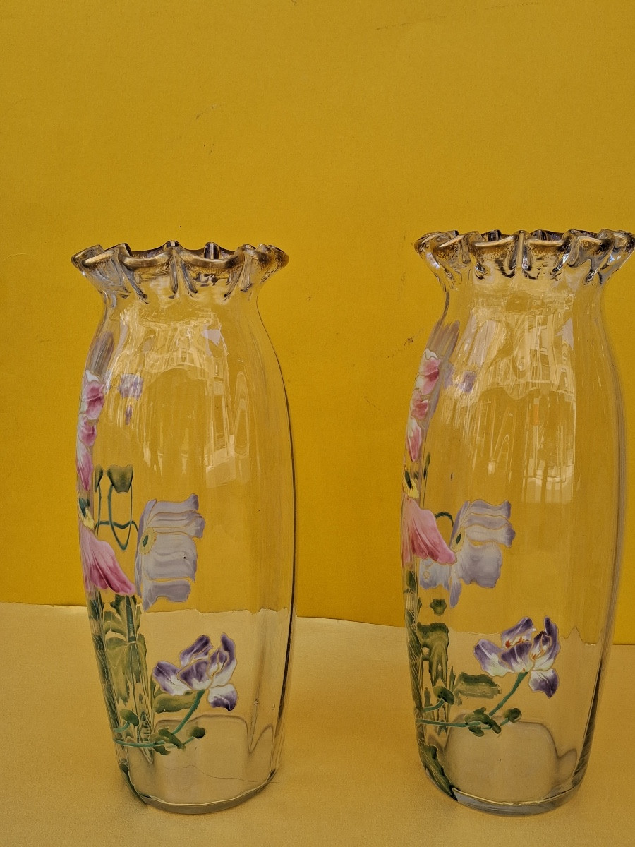 Paire de vases émaillés à cols polylobés et dorés Art Nouveau production Théodore .Legras -photo-4