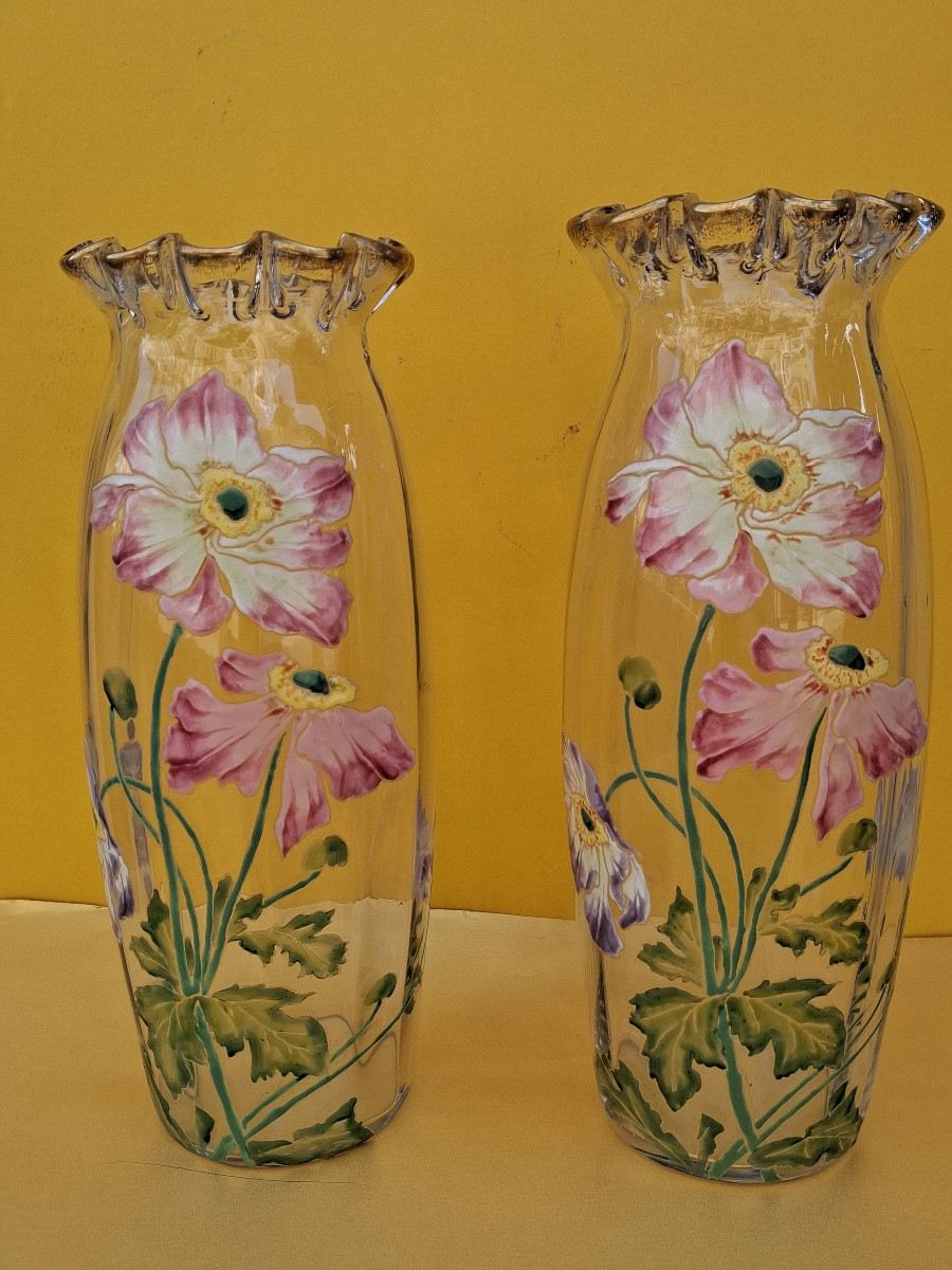 Paire de vases émaillés à cols polylobés et dorés Art Nouveau production Théodore .Legras 