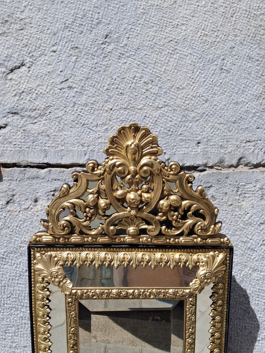 Louis XIV Style Embossed Brass Mirror With Parecloses, 19th Century-photo-3