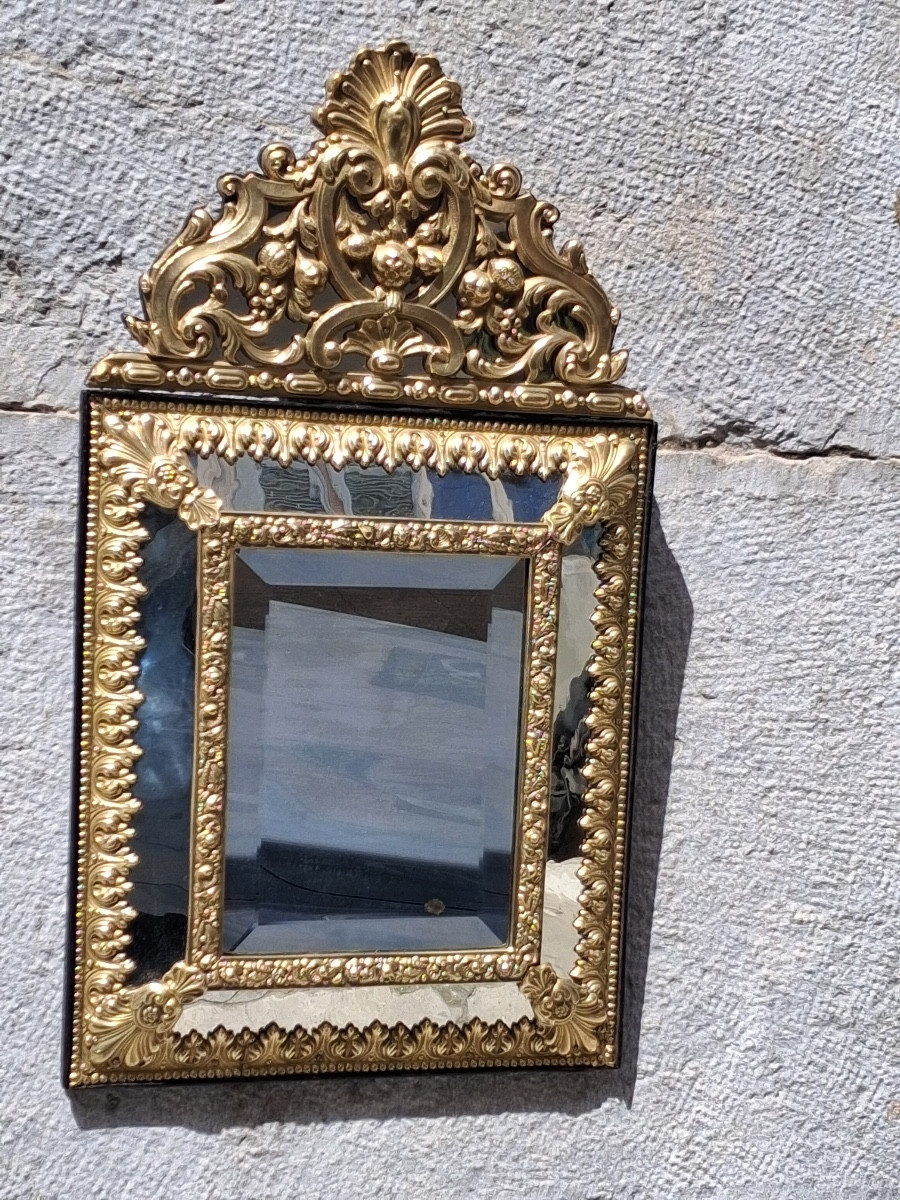 Louis XIV Style Embossed Brass Mirror With Parecloses, 19th Century-photo-4