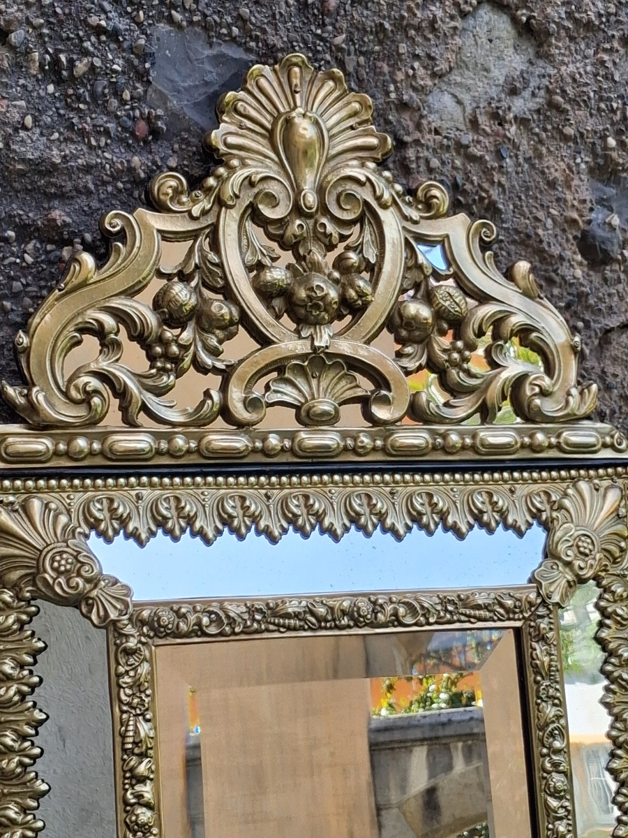 Louis XIV Style Embossed Brass Mirror With Parecloses, 19th Century-photo-1