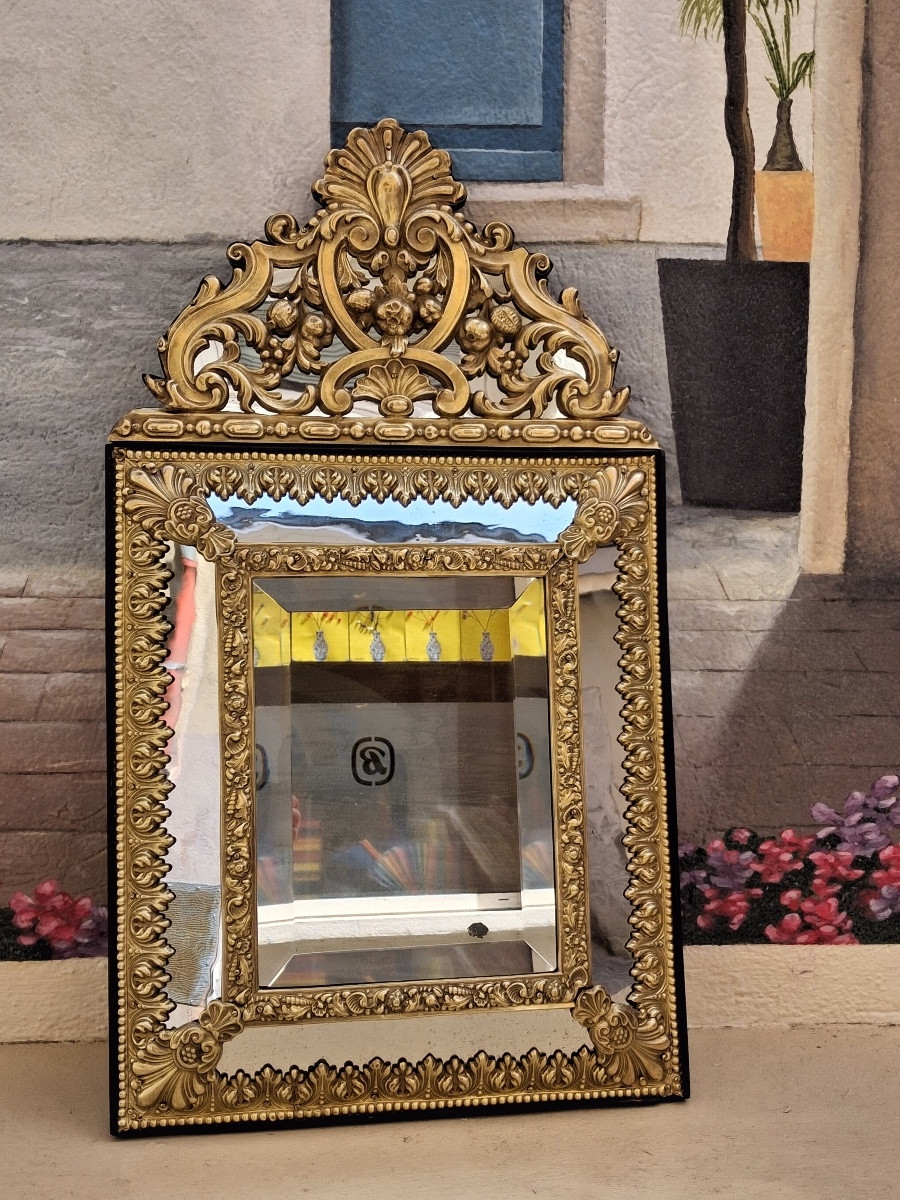 Louis XIV Style Embossed Brass Mirror With Parecloses, 19th Century-photo-6
