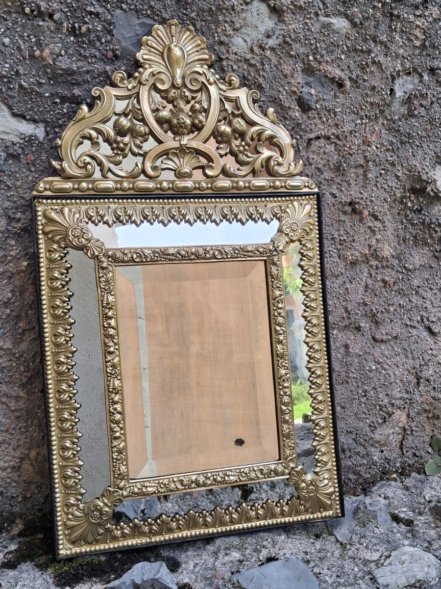 Louis XIV Style Embossed Brass Mirror With Parecloses, 19th Century