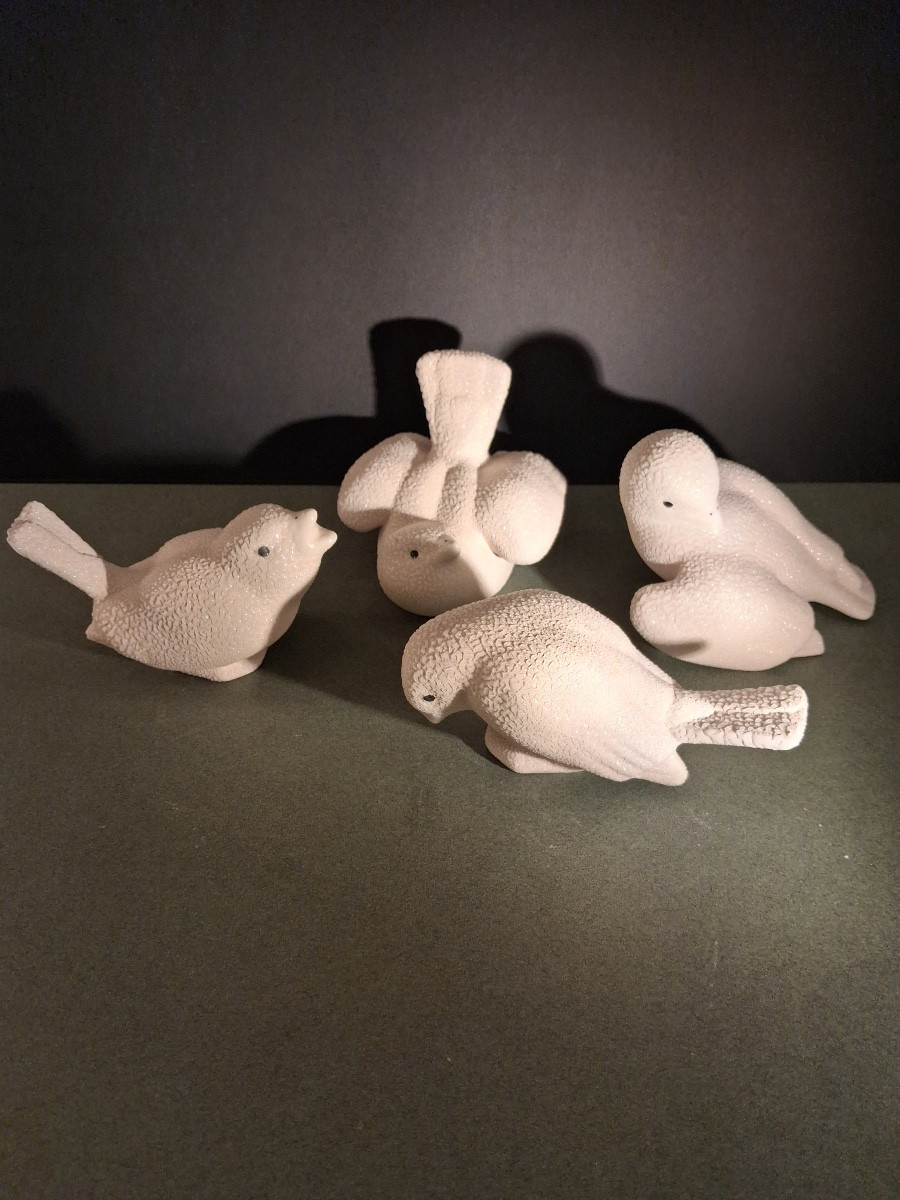 Vinsare à Sèvres, Four Ceramic Sparrows With Pearl Enamel 20th Century