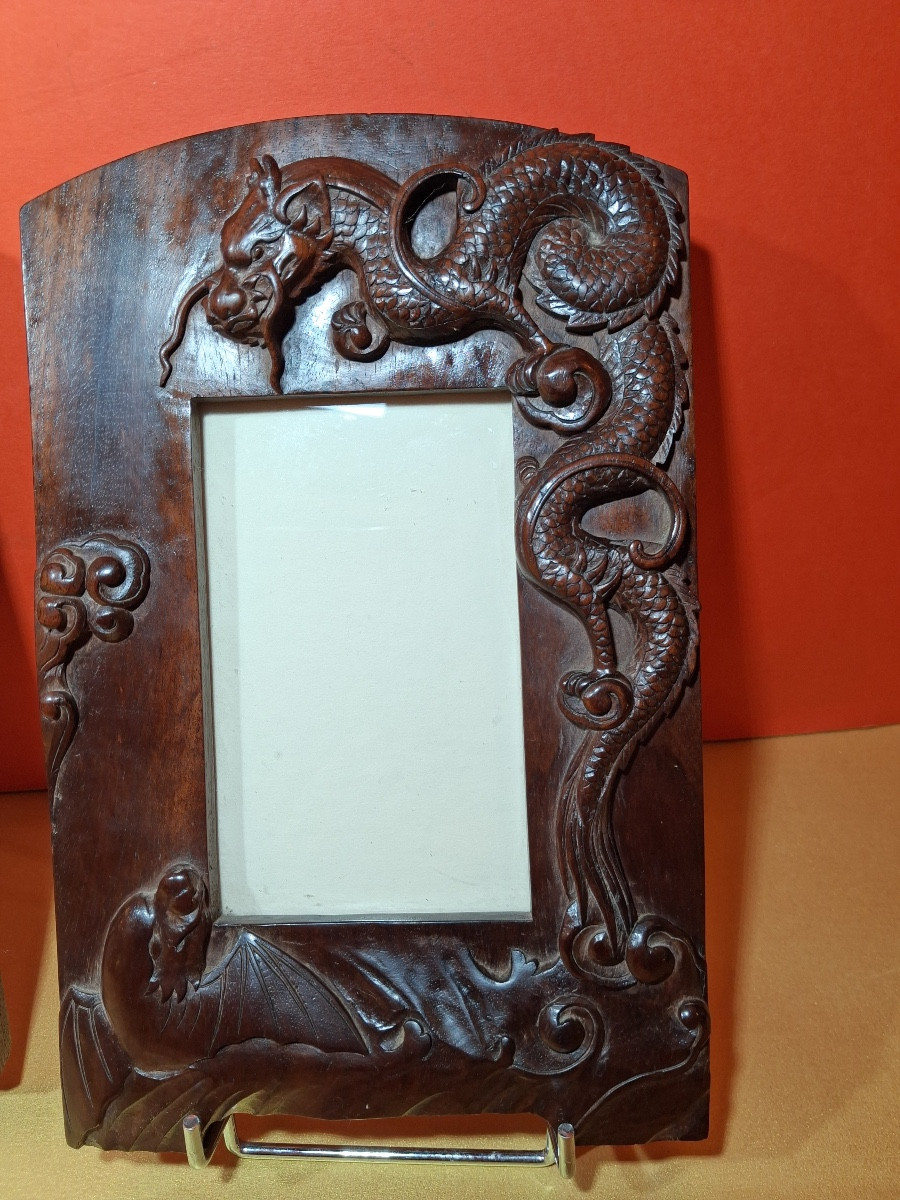Pair Of Rosewood Frames, Carved With Two Dragons, With Inverted Decor, Identical XIXth Century-photo-3