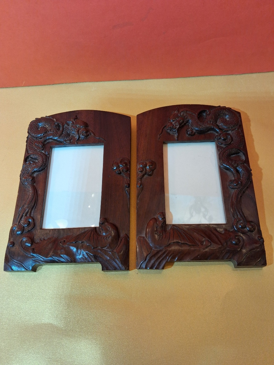 Pair Of Rosewood Frames, Carved With Two Dragons, With Inverted Decor, Identical XIXth Century-photo-2