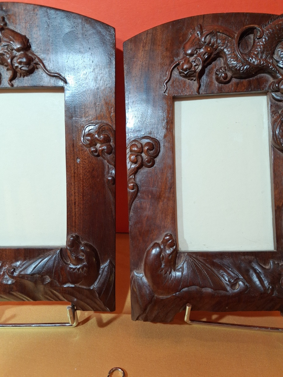 Pair Of Rosewood Frames, Carved With Two Dragons, With Inverted Decor, Identical XIXth Century-photo-4